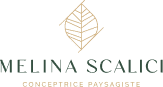 Logo Melina Scalici Conceptrice Paysagiste : feuille stylisée beige sur fond noir, texte vert foncé.